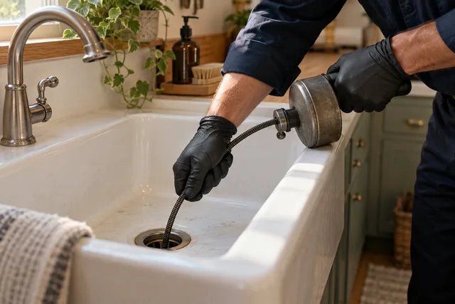 Drain-cleaning illustration: gloved hands guiding a drain snake into a ceramic sink drain.