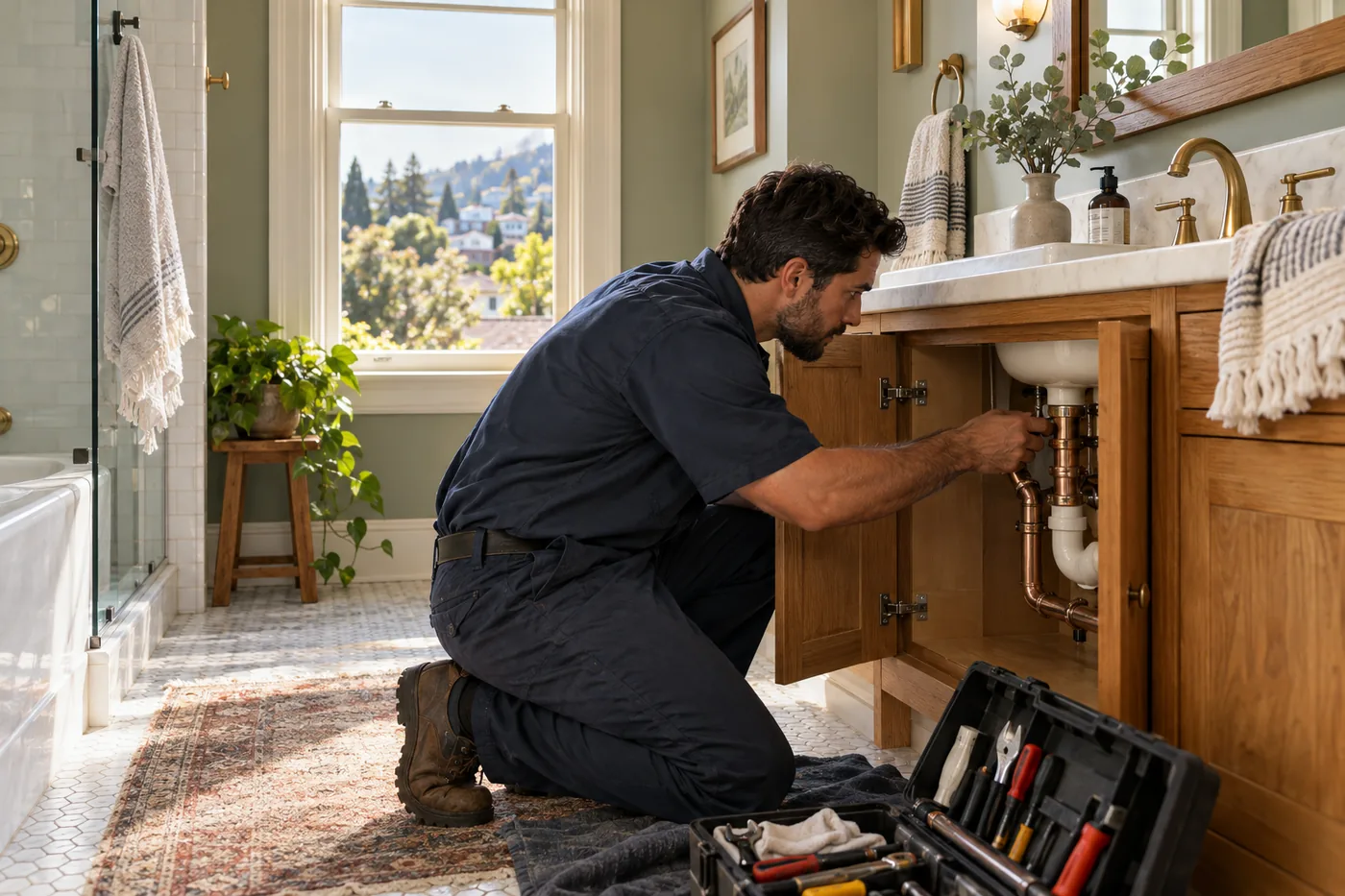 Residential plumbing illustration for Bayarea Plumbing: a plumber inspecting bathroom sink pipes in a sunlit home