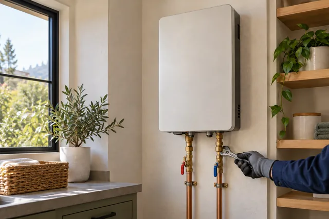 Water-heater service illustration: a gloved hand checking a pipe connection beneath a wall-mounted water heater.